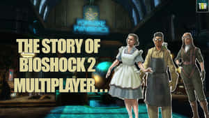 三個Bioshock 2角色在Fontaine Futuristics大廳中，帶有發光的藍色燈光。 — 生化奇兵 壁紙