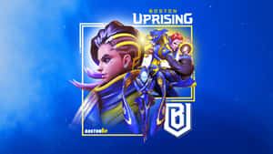 Boston Uprising 電競隊伍標誌，包含三個身穿藍色和金色裝備的動畫角色。 — 鬥陣特攻 GIF 壁紙