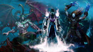 三個惡魔般的人物在黑暗魔法戰鬥中引導閃電。 — 最黑暗地牢 壁紙