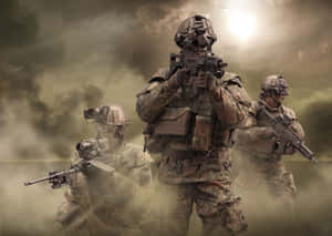 三名身穿迷彩服的武裝士兵在戰鬥中站在煙霧中。 — 軍事動圖 壁紙