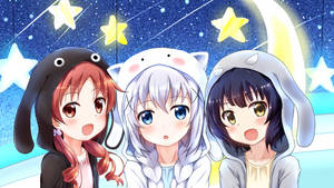 三個穿著動物主題連帽衫的動漫女孩，對星空夜空感到驚訝。 — 可愛動漫女仔 壁紙