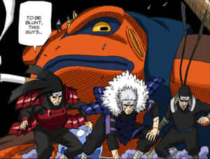 三名動畫忍者戰士在黑暗場景中對抗一隻巨型橙色蟾蜍。 — Naruto and hinata GIF 壁紙