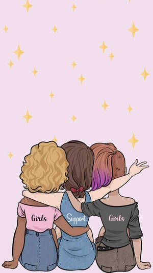 三位女孩互相搭著肩膀仰望星星，穿著寫有 Girls Support Girls 的襯衫