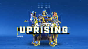 三名身穿藍色和黃色裝備的《鬥陣特攻》角色為Boston Uprising電競隊伍擺姿勢。 — 鬥陣特攻 GIF 壁紙
