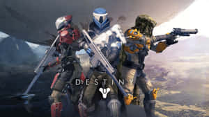 三名來自Destiny的裝甲守護者在外星行星上手持武器擺姿勢。 — 命運 壁紙
