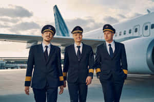 三名身穿制服的機師在日落時分的停機坪上走在飛機旁邊。