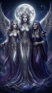 三位有翼女神身穿華麗長袍，站在繁星夜空下的滿月旁。