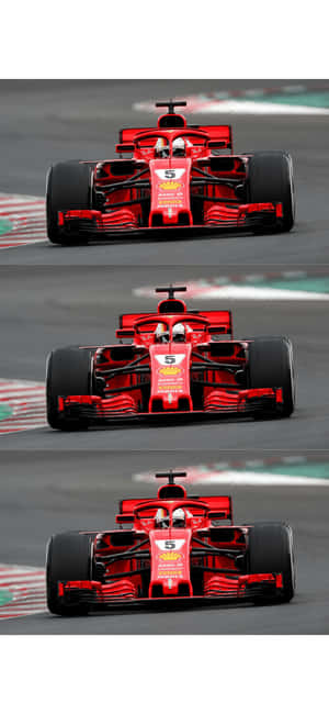 紅色法拉利F1賽車在設有紅、白、綠色路肩的賽道上奔馳。 — 拼貼 GIF 壁紙