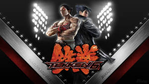 兩名 Tekken 6 戰士在體育場燈光下與遊戲標誌合影。