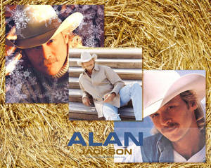 三張Alan Jackson戴牛仔帽在乾草背景上的照片，附有他的名字。 — Jimin GIF 壁紙