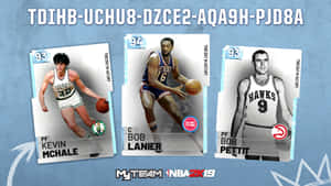 來自MyTeam NBA 2K19的三張NBA球員卡，以Kevin McHale、Bob Lanier和Bob Pettit為特色。