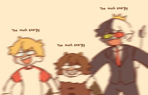 三個動漫風格角色因移動而模糊，標有「Too much energy」。