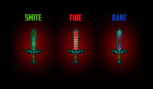 三把發光的像素劍，以Minecraft風格標有Smite Fire和Bane。 — 最佳 Minecraft 壁紙