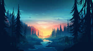 星空下，一條發光的河流在黃昏時流過松樹林。