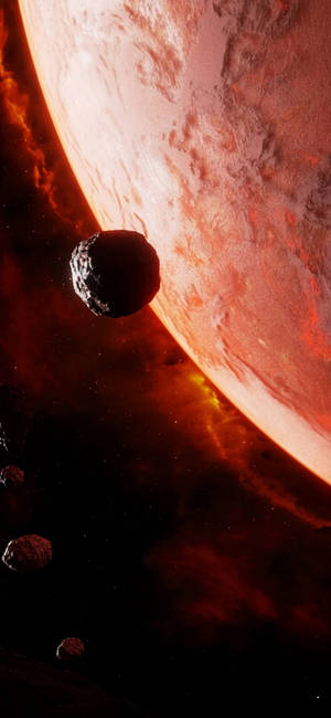 深空中一顆帶有漩渦雲層和漂浮小行星的巨大紅色行星。