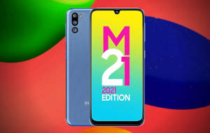 藍色Samsung手機在色彩繽紛的抽象背景上顯示M21 2021 Edition。