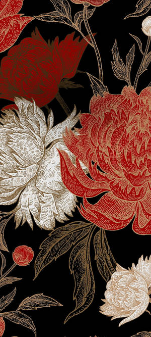 雕刻風格的紅色和奶油色牡丹花，金色花莖，黑色背景 — Redmi 17C 4G 壁紙
