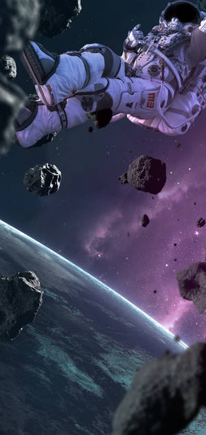 太空人在地球發光的曲線附近的小行星帶漂流。