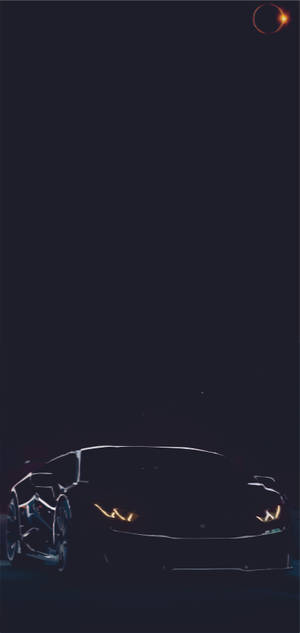 新月下，夜間發光的跑車。