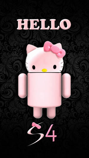 粉紅色 Hello Kitty Android 機械人，黑色漩渦背景，帶有 'HELLO' 和 'S4' 文字。