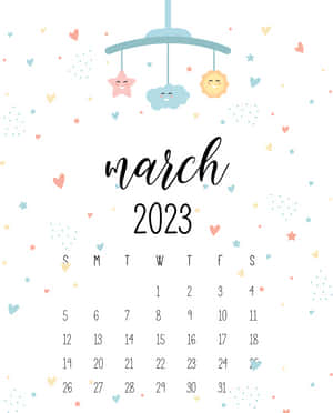 2023年3月月曆，附有嬰兒床鈴和粉彩心形星星