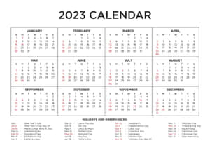 2023年月曆，假期列在每月網格下方。