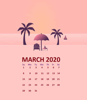 2020年3月日曆，有棕櫚樹、沙灘傘和日落中的帆船。