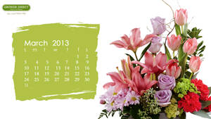 2013年3月日曆旁邊有一個色彩繽紛的花藝佈置。