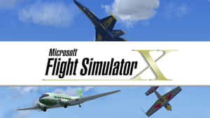 三架不同的飛機在 Microsoft Flight Simulator X 標誌下在藍天中飛行。 — 微軟模擬飛行 壁紙