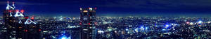 夜晚充滿活力的城市天際線，燈火通明的建築和黑暗的天空。