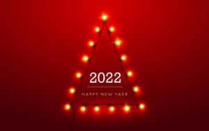 發光燈泡串成樹形，紅色背景上帶有 '2022 HAPPY NEW YAER' 文字。
