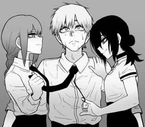 三個穿著校服的動漫學生以玩鬧的表情拉扯一個男孩的領帶。 — 鏈鋸人 壁紙