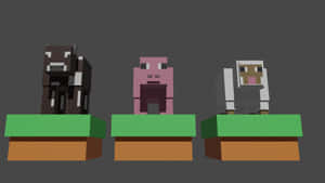 三隻Minecraft動物在草方塊上，背景為灰色。 — 我的世界 壁紙