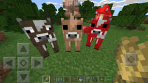 三隻不同顏色圖案的Minecraft牛站在草地上。 — 牛 壁紙