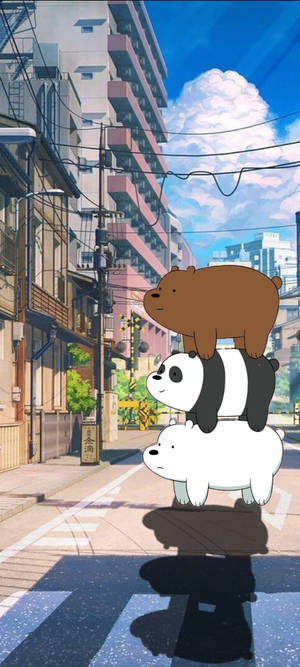 三隻卡通熊在藍天下疊在城市街道上。 — 卡通網絡角色 壁紙