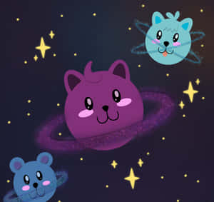 三隻卡通動物在繁星點點的夜空中像行星一樣運行。 — 古勒比加 壁紙
