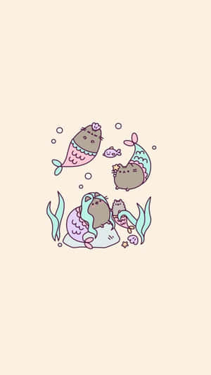 三隻卡通貓美人魚在粉彩色調中與泡泡和海藻一起游泳。 — 水下 壁紙