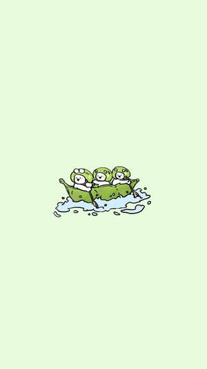 三隻卡通青蛙在水中划樹葉船。 — 淺綠色美學動態圖 壁紙