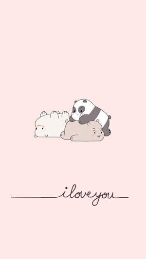 三隻卡通熊在粉紅色背景上依偎，帶有「i love you」文字。