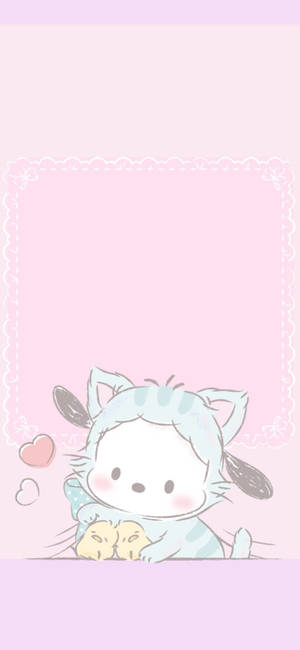 一隻柔軟的粉藍色貓咪在粉紅色裝飾框架內擁抱一隻黃色小雞。