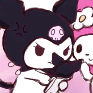 Kuromi戴著骷髏頭帶，眼神憤怒，在粉紅色背景上與Hello Kitty相鄰。
