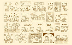 Hello Kitty在各種日常活動中，如學校、藝術、洗澡和就寢時間，以復古棕褐色線條藝術風格呈現。