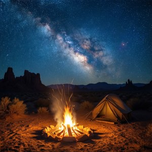 營火和帳篷在星空沙漠天空下，銀河可見。
