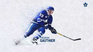 冰球運動員 Frederik Gauthier 持桿在冰上滑行
