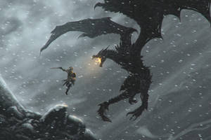 戰士在雪山風暴中與黑龍戰鬥。