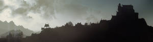 黎明時分懸崖上古老城堡的剪影，背後是霧氣繚繞的山巒。 — 3840x1080 GIF 壁紙