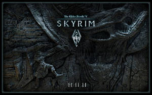 戰士與龍戰鬥的石雕，帶有Skyrim標誌 — 4K 遊戲 壁紙