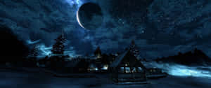 雪村夜景，星空下有大月亮和發光的窗戶。