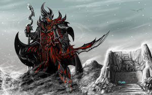 身穿紅黑盔甲的惡魔戰士在雪地中手持劍和法杖。