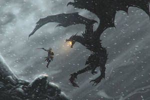 一名戰士跳起，在暴風雪中與噴火龍戰鬥。 — 龍騰世紀：審判 壁紙